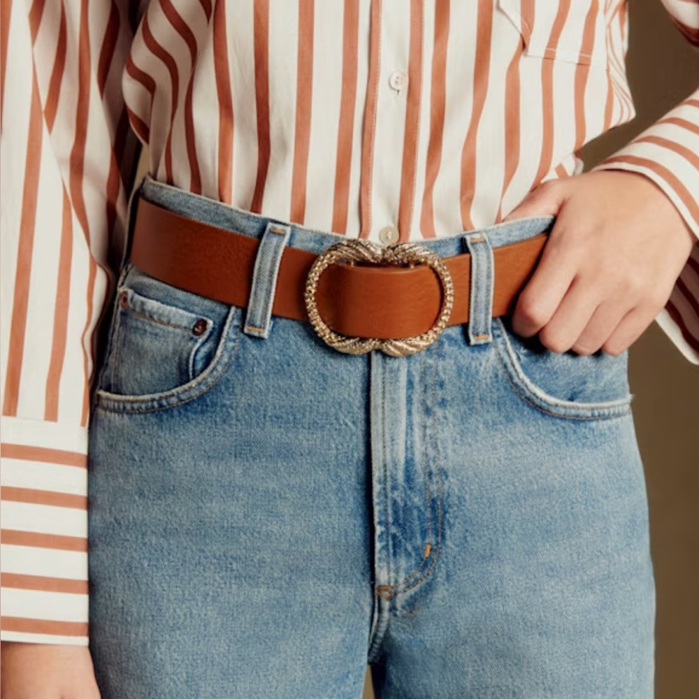 Sézane Artemis Brown Leather Belt with Gold Buckle sz 90 heritage natural brown
